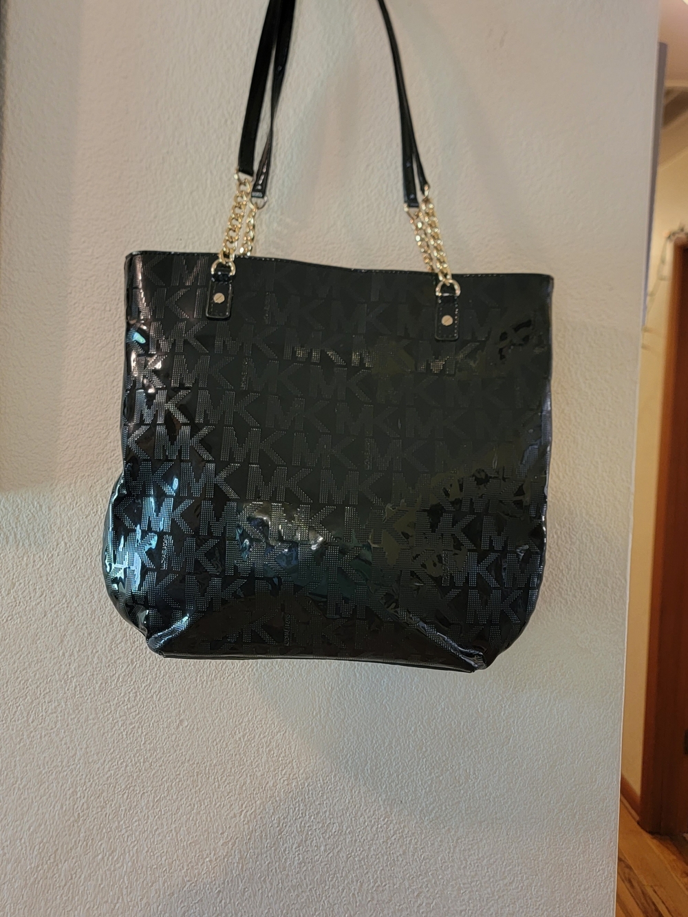Michael Kors Black Patent MK Logo Tote with Gold Chain Handles